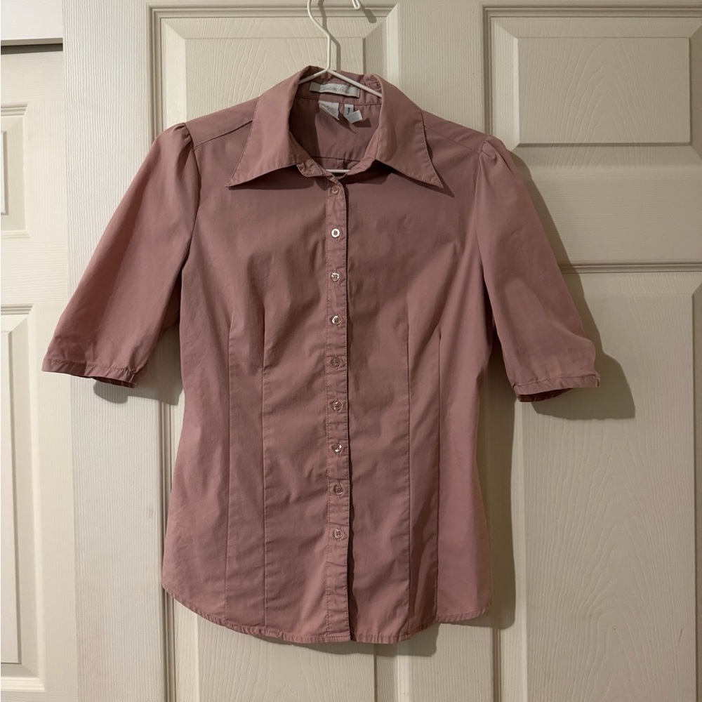 Rose Pink Button-Down Short Sleeve Blouse